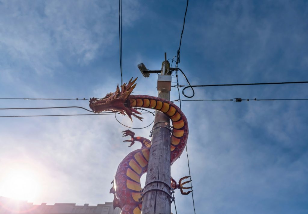 International district dragon climbing a power pole.