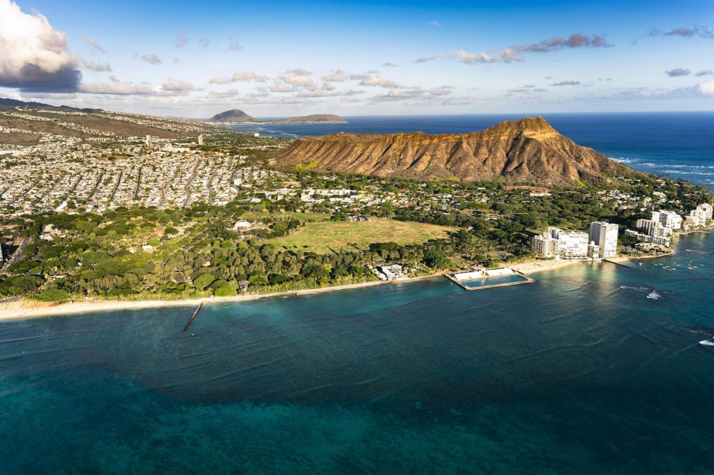 Drone shot over Oahu, Hawaii with a seascape