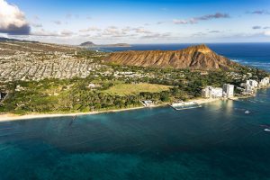 Drone shot over Oahu, Hawaii with a seascape